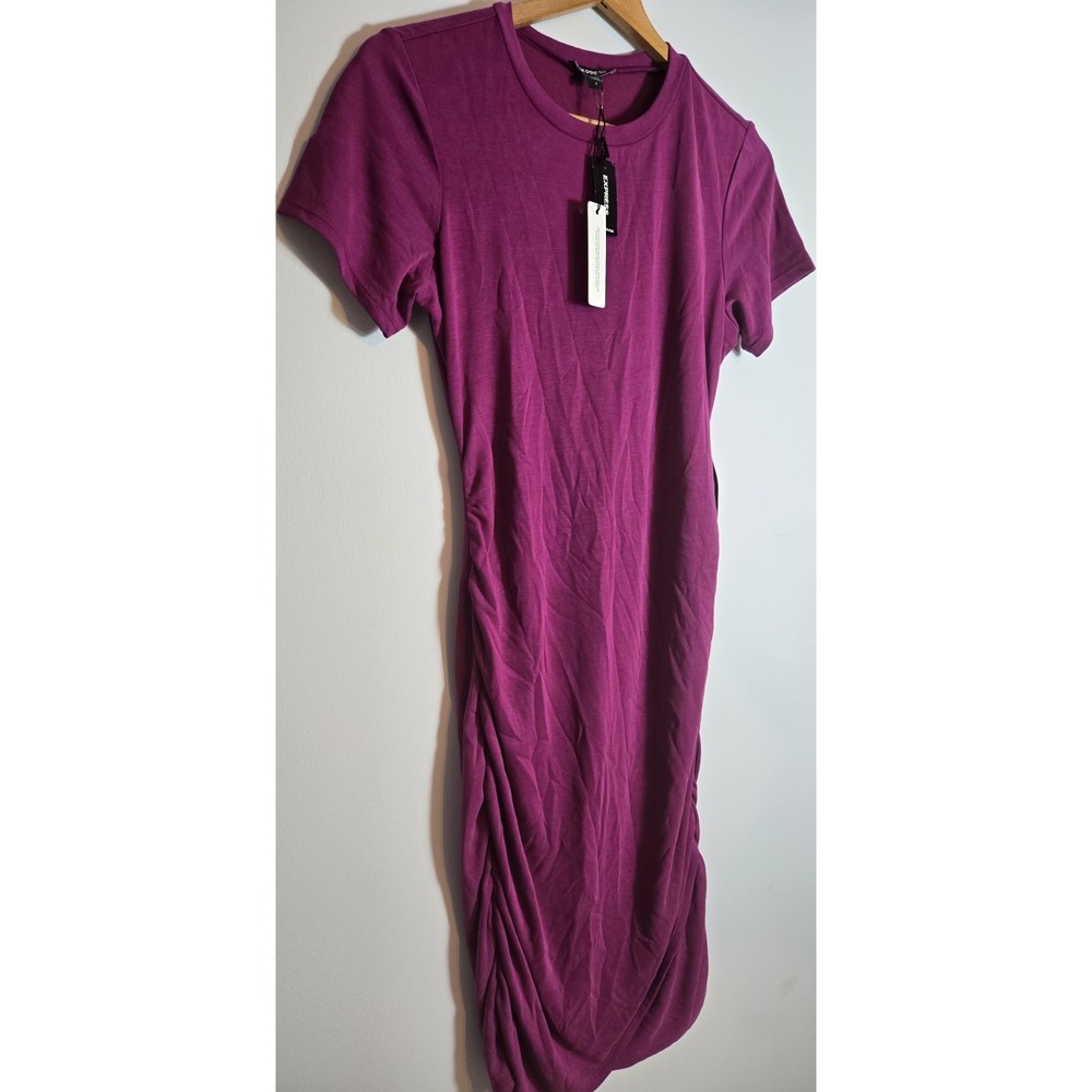 NWT Express Raspberry Solid Knit Ruched Stretch Crew Neck T-Shirt Midi Dress S